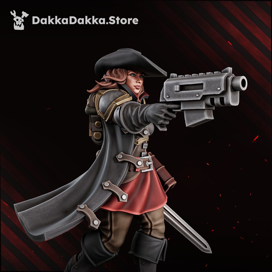 Side profile close-up of the miniature aiming bolt pistol, detail on hat brim, coat panels, and belt rigs visible