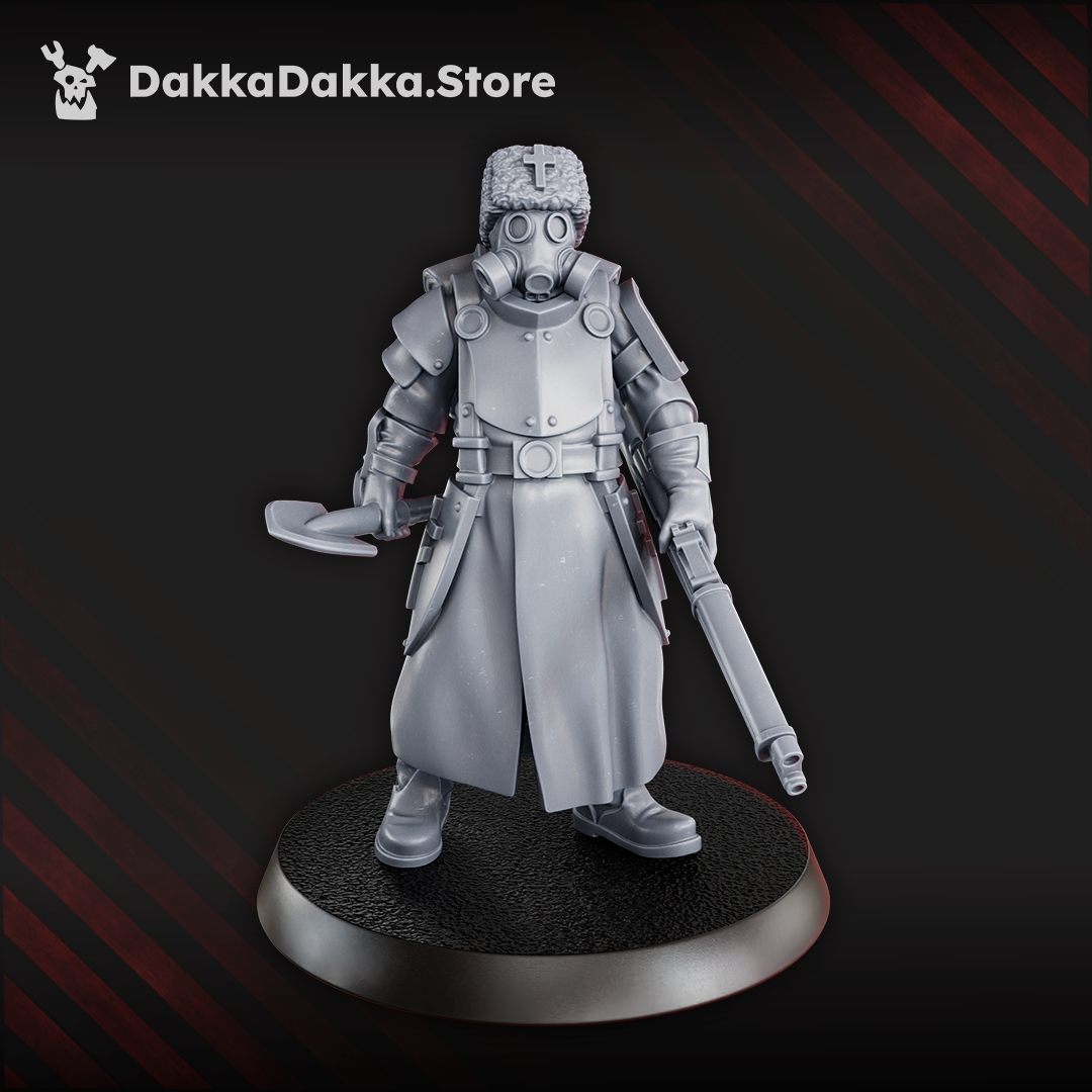 Two Steel Union engineer miniatures in trench armour and rebreathers, one with a wrench and shotgun, the other with a rifle and entrenching tool.