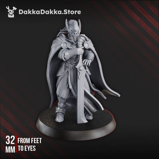 Khadessa Varn sci-fi chaos cult female miniature, 32 mm tall, wielding a massive blade, designed for tabletop wargames.