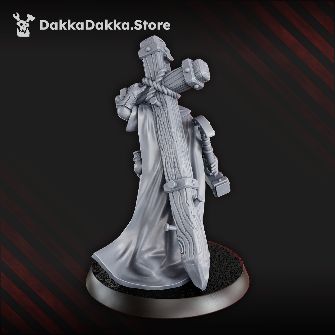 Schemonk Avvakum miniature, 33 mm tall, robed monk carrying a large cross on his back, armed with interchangeable rifles, pistols, and blades, standing on a round base.