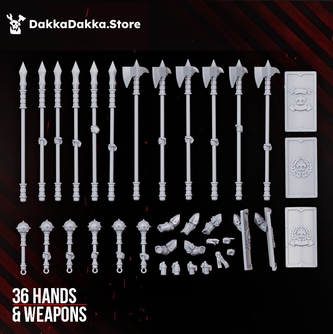Close-up of 36 hands and weapons including spears, pole axes, maces and shields with skull and laurel wreath detail