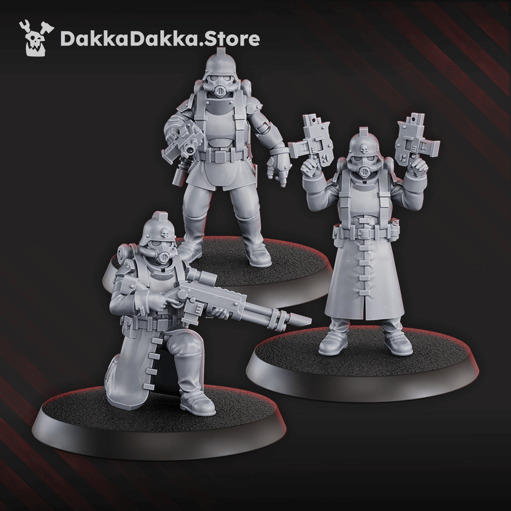 3rd Death Division Squad miniatures in grey resin, featuring sci-fi soldiers with weapons for tabletop wargaming.
