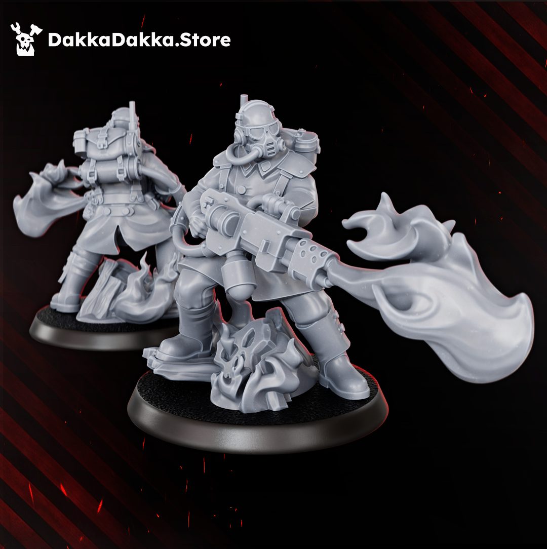 Close-up of the flamethrower specialist models showing sculpted flame effect and skull-covered base detail