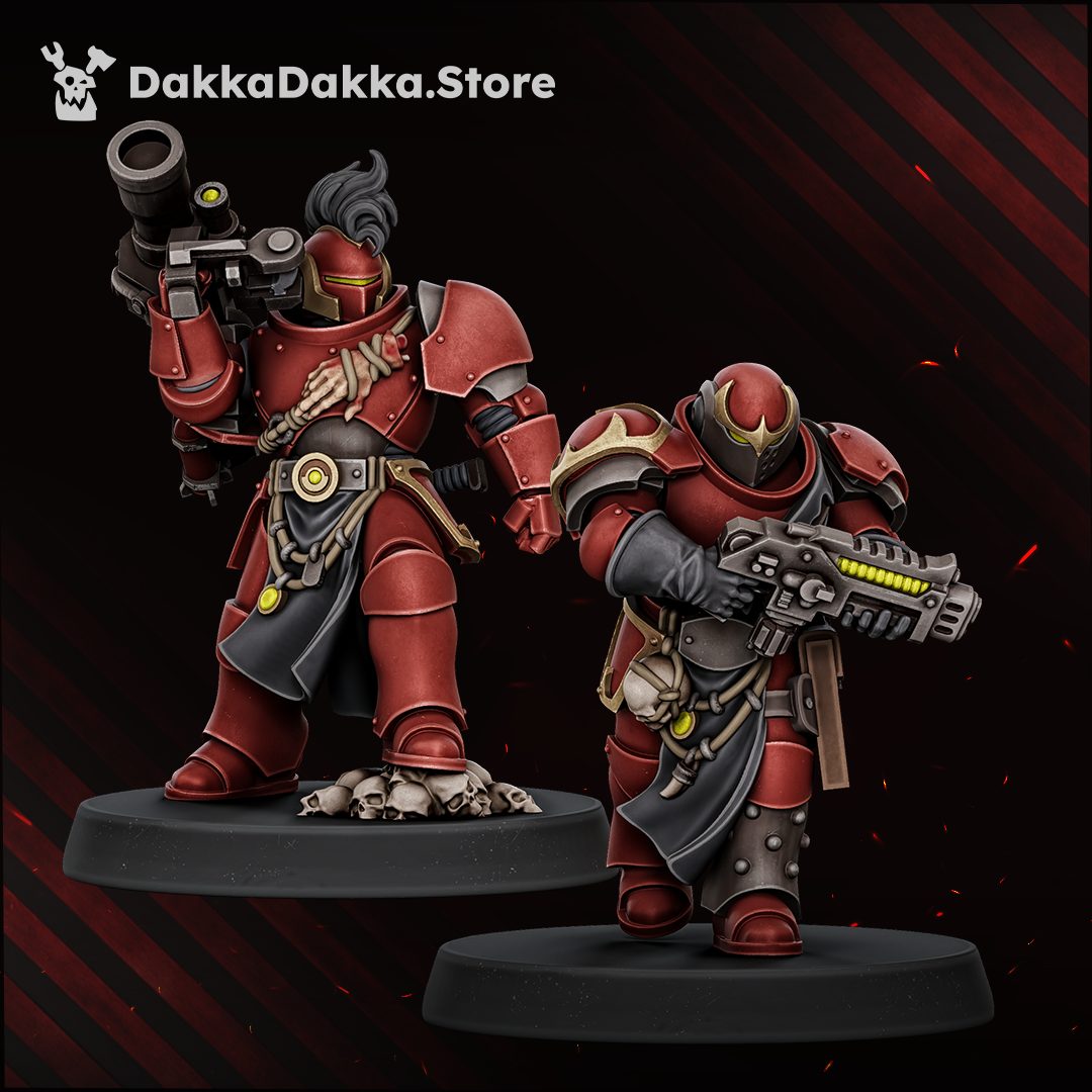 Two painted miniatures showing heavy weapon and rapid fire gun loadouts in crimson armour