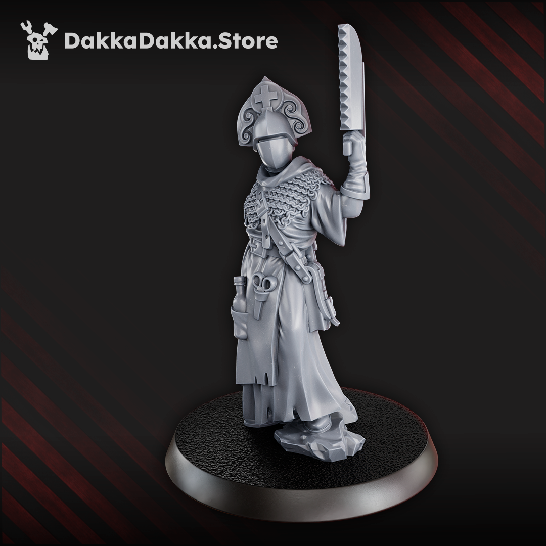 Steel Union medic miniature holding a cleaver, wearing chain mesh and a robed uniform with surgical tools at her belt
