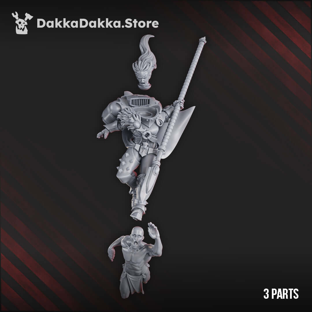  Female Chaos Cult Hero Elza miniature in 3 parts, showcasing intricate design and dynamic pose, 69mm tall.
