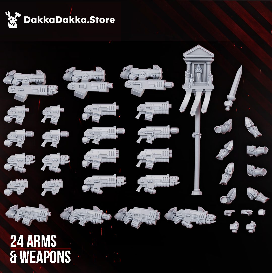 Full flat lay of 24 arms and weapons parts including boltguns, special weapons, power sword, shrine standard, and loose hands