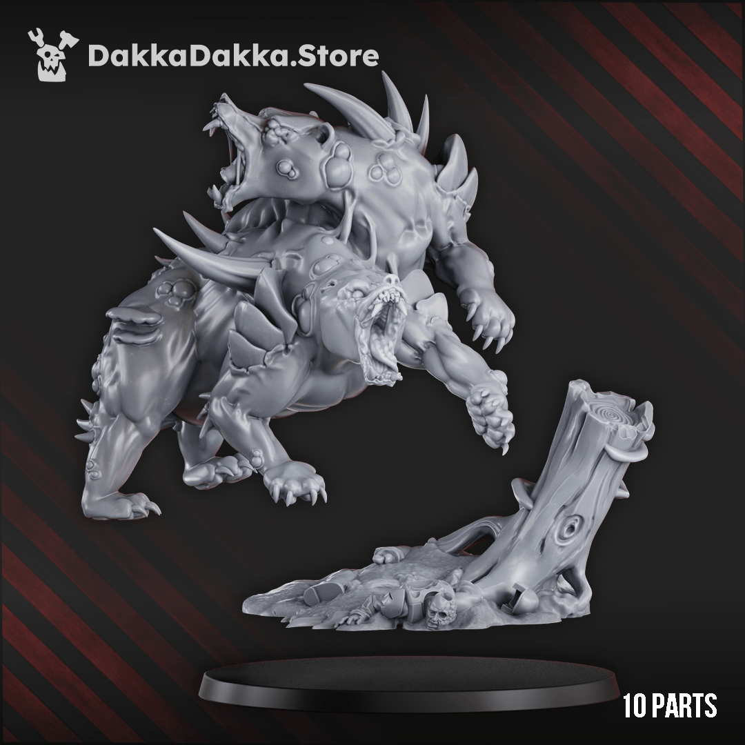 Diseased The Sporefused Ursus grotesque cerberus beast with pustules and fallen soldier base