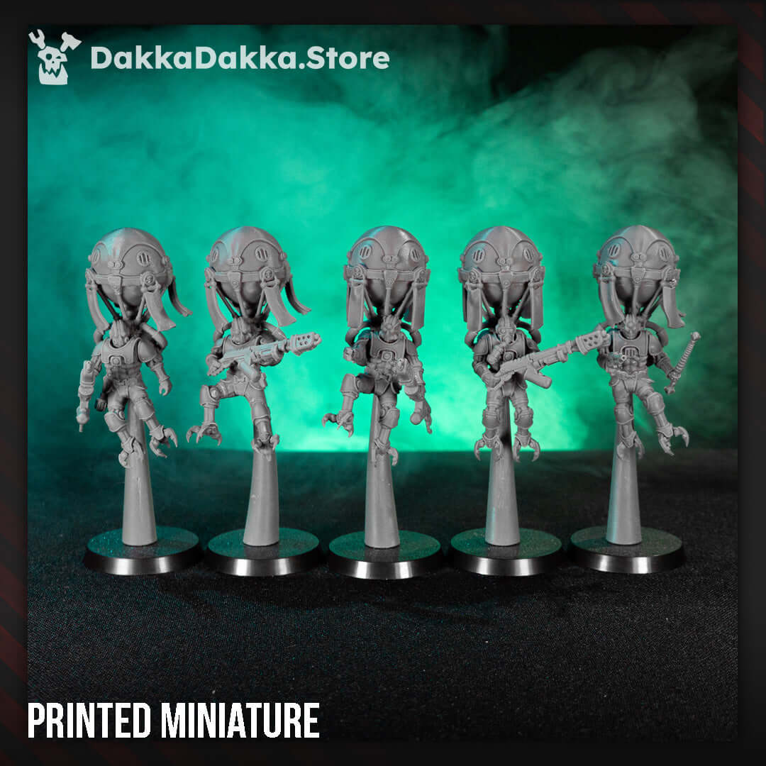 Sci-Fi Machine Cult Miniatures: Aerobellum Pursuers Squad featuring five mech-worhipping resin models.