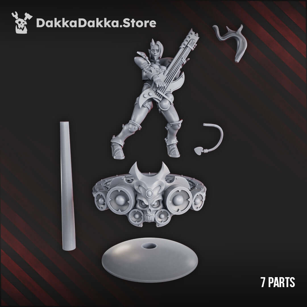 Ozzy Hellbringer female chaos musician miniature with guitar-weapon, 32mm scale model.
