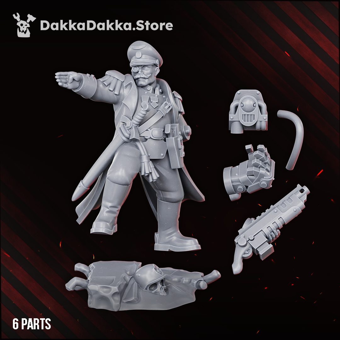 Unassembled six-part breakdown showing body, mechanical fist, backpack unit, weapon, and scenic base insert