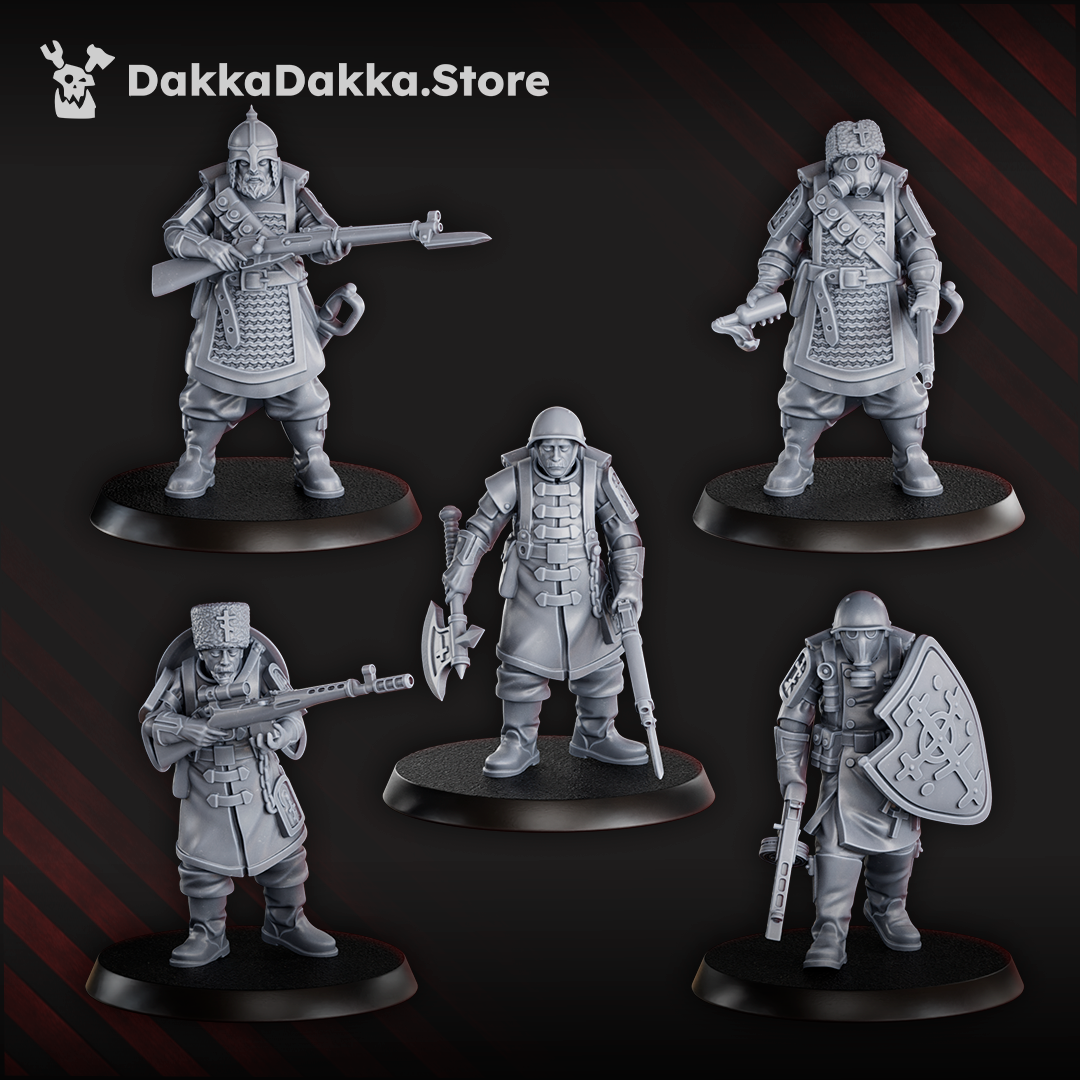 Ten Red Druzhina Squad miniatures, 33 mm, wearing gas masks and greatcoats, armed with rifles and shields, standing on round bases.