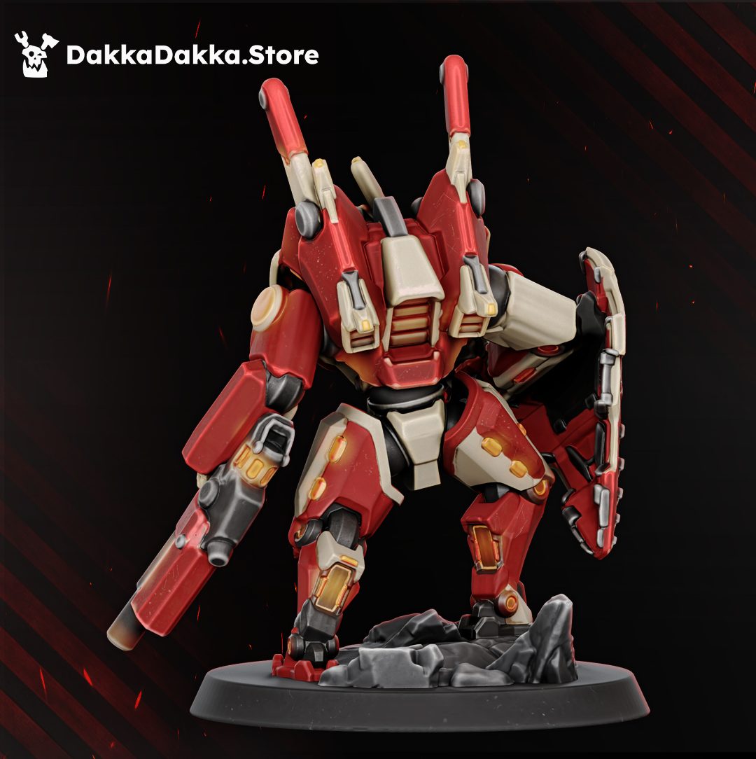 Front-facing view of third battlesuit variant, heavier armour configuration with shield-style shoulder plate