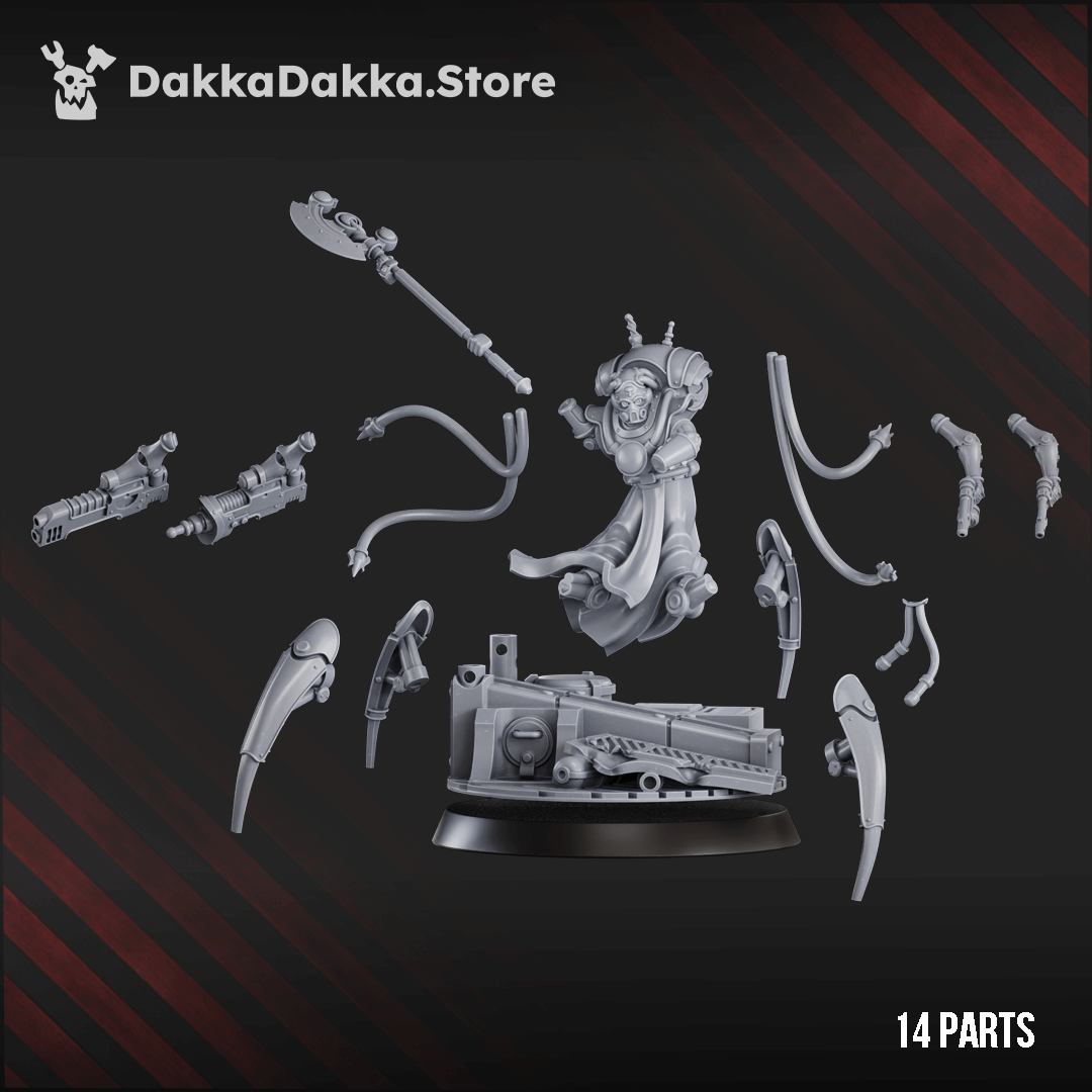 Sci-Fi Machine Cult Mechonarch Stravicus Kain miniature with metallic legs, mecha-dendrites, and power axe
