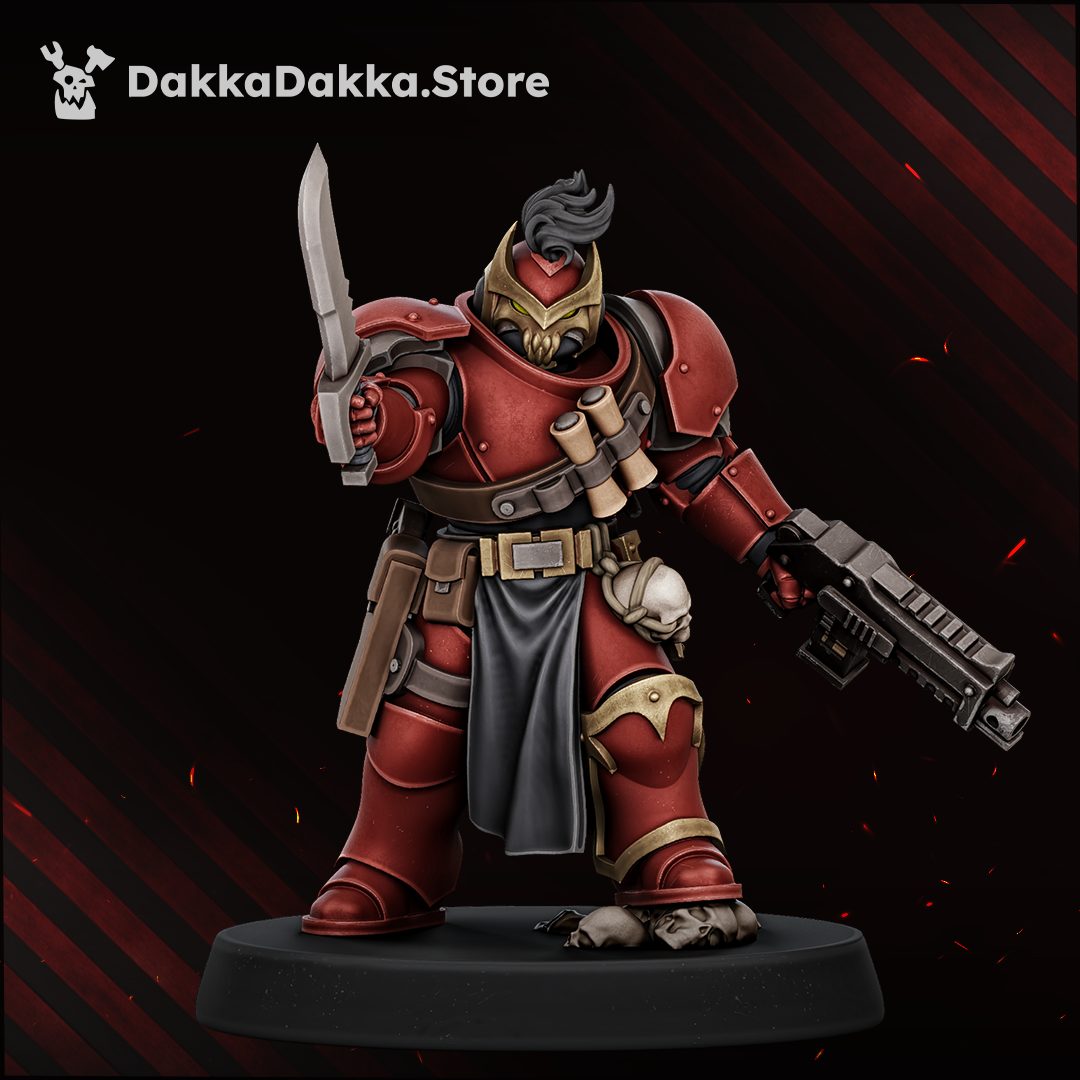 Single painted miniature close-up showing sword, pistol and ornate helmet detail in red and gold