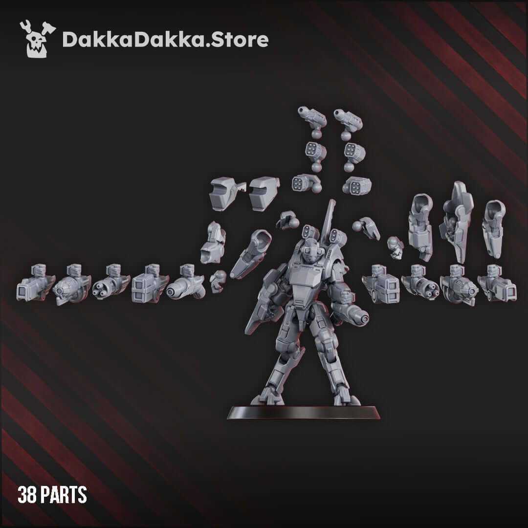 Sleek sci-fi battlesuit miniature, MSC Warfielder MK-III, 68mm tall with modular weapons and detailed mech design.