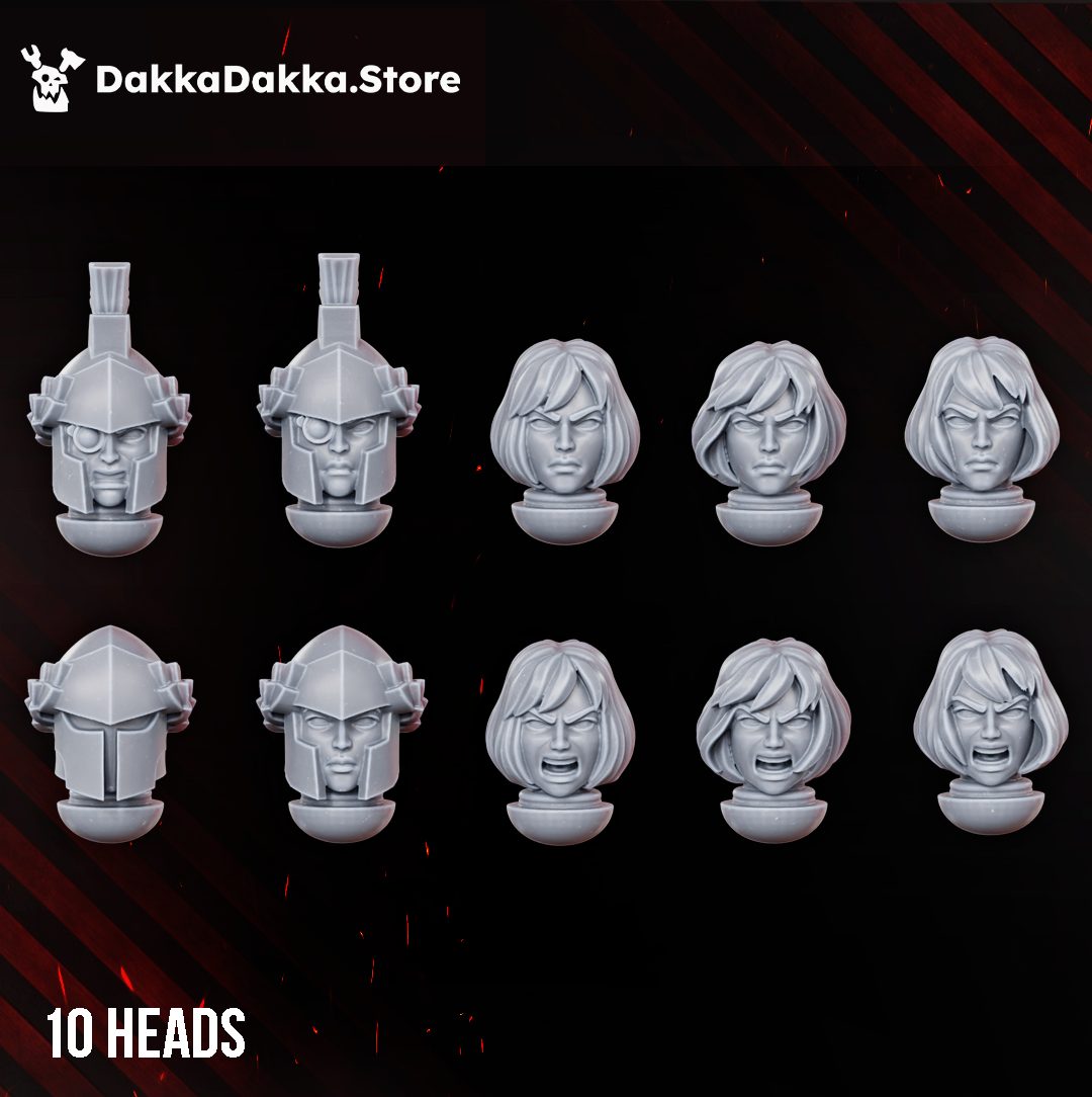 Ten interchangeable resin heads including helmeted variants with crests and bare female faces with calm and battle-cry expressions