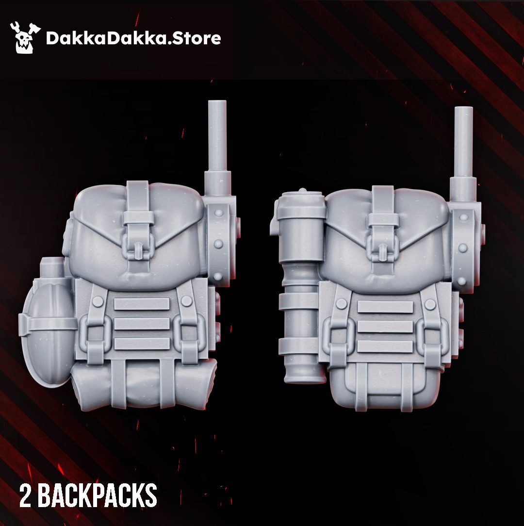 Two detailed resin backpacks with radio antennae, front and rear views