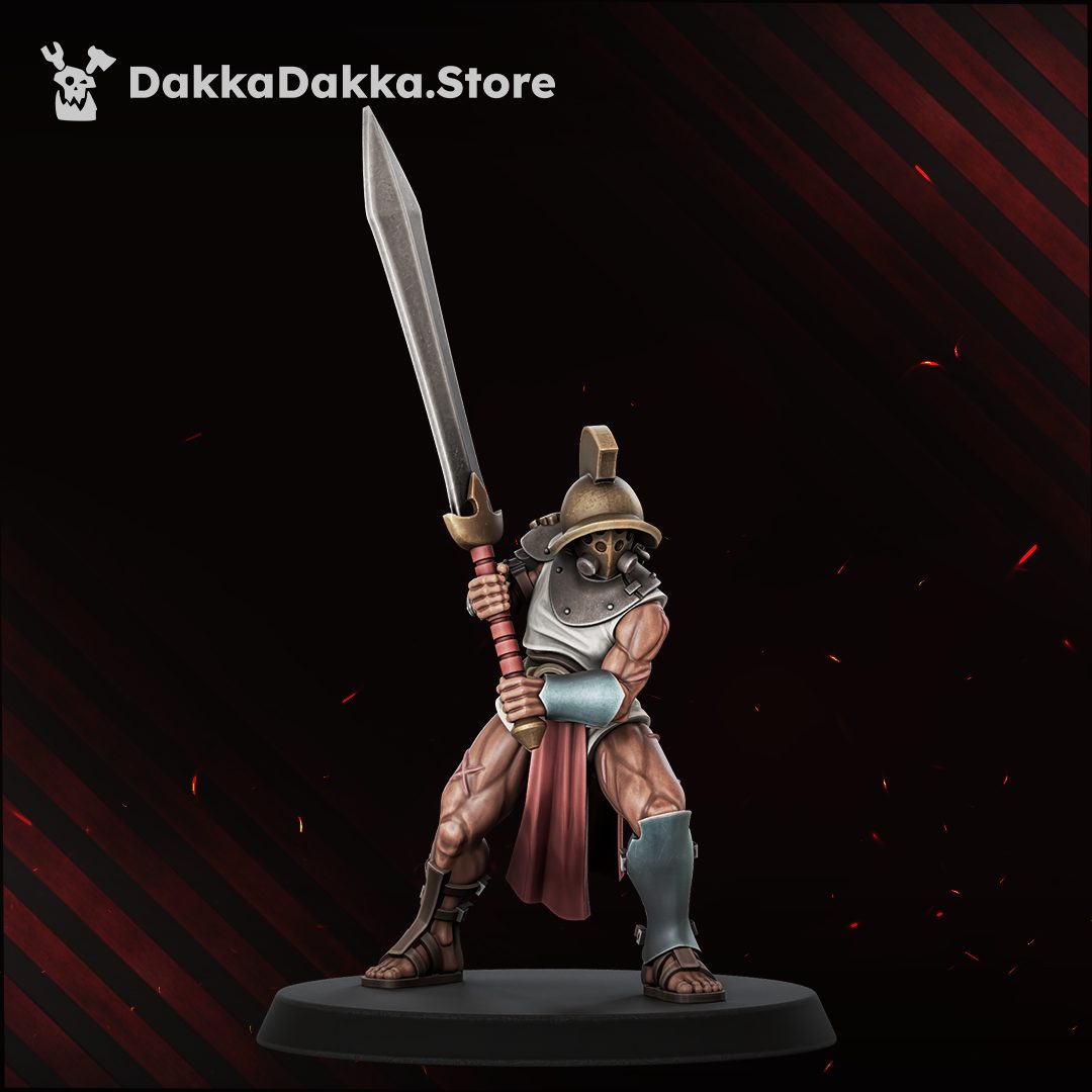 Masked gladiator miniature in bronze helm and full-face respirator, bracing with large sword raised overhead