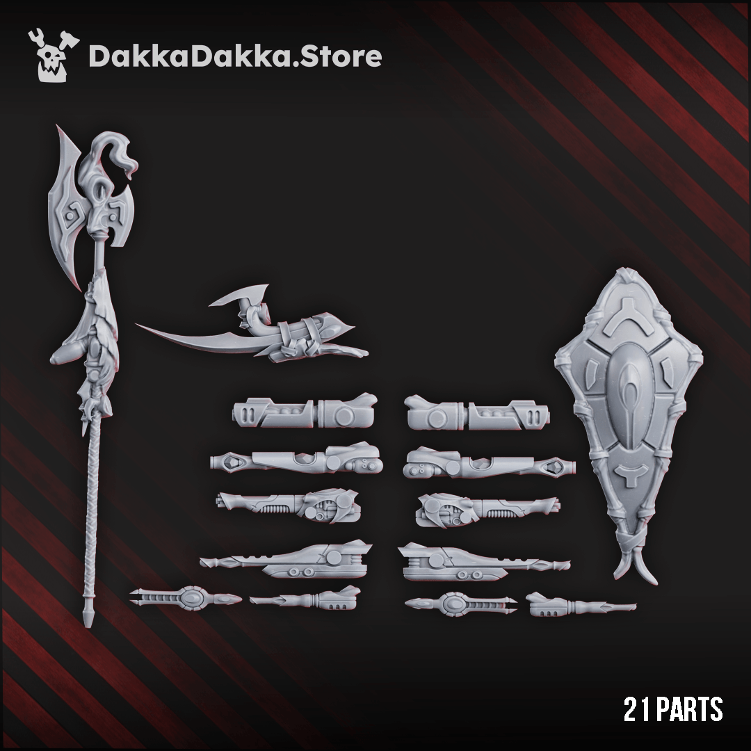 Gothic Sci-Fi Space Elf Warrior - Spacelair Embodimech towering alien biomechanical war construct with axe and shield