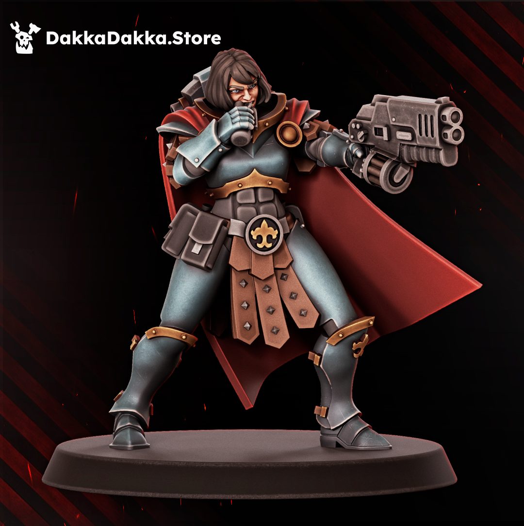 Pistoleer model aiming twin-barrelled pistol, smirking expression, front view