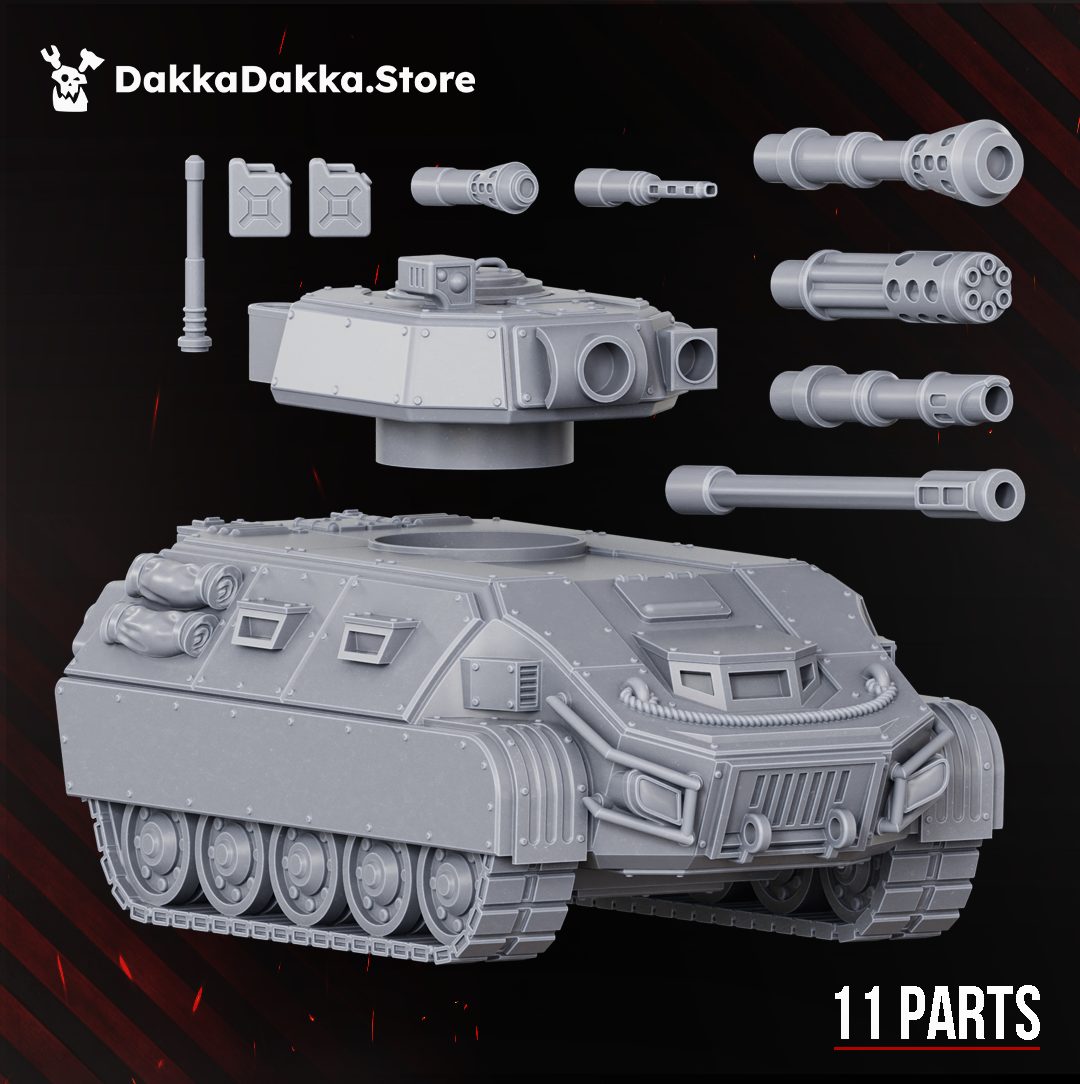 Unpainted grey resin parts layout for the Saber WAV S-6 showing all 11 components including turret, hull, barrels, and accessories