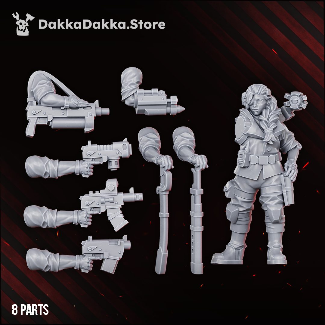 Grey resin sprue layout showing 8 parts including arm and weapon options for the commander kit