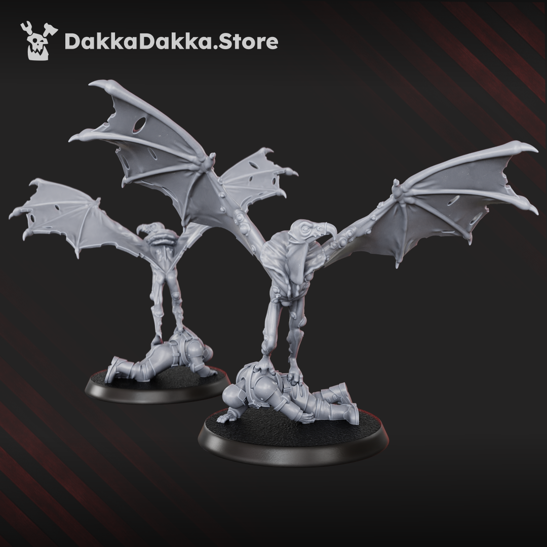 Diseased Sporehawks Squad resin miniatures, three winged daemon creatures with scenic bases