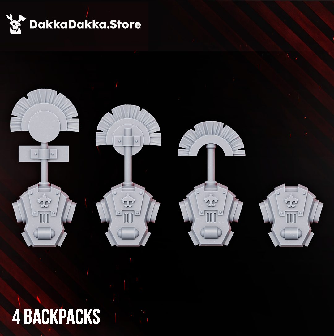 Four backpack variants with crested fans and fleur-de-lis detail shown front and rear against dark background