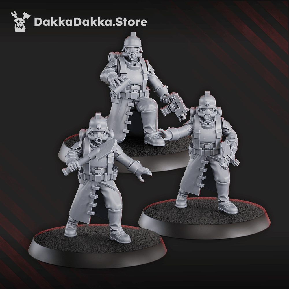 3 sci-fi miniatures from 3rd Death Division Squad x 12, designed for tabletop wargaming, in grey ABS-like resin.