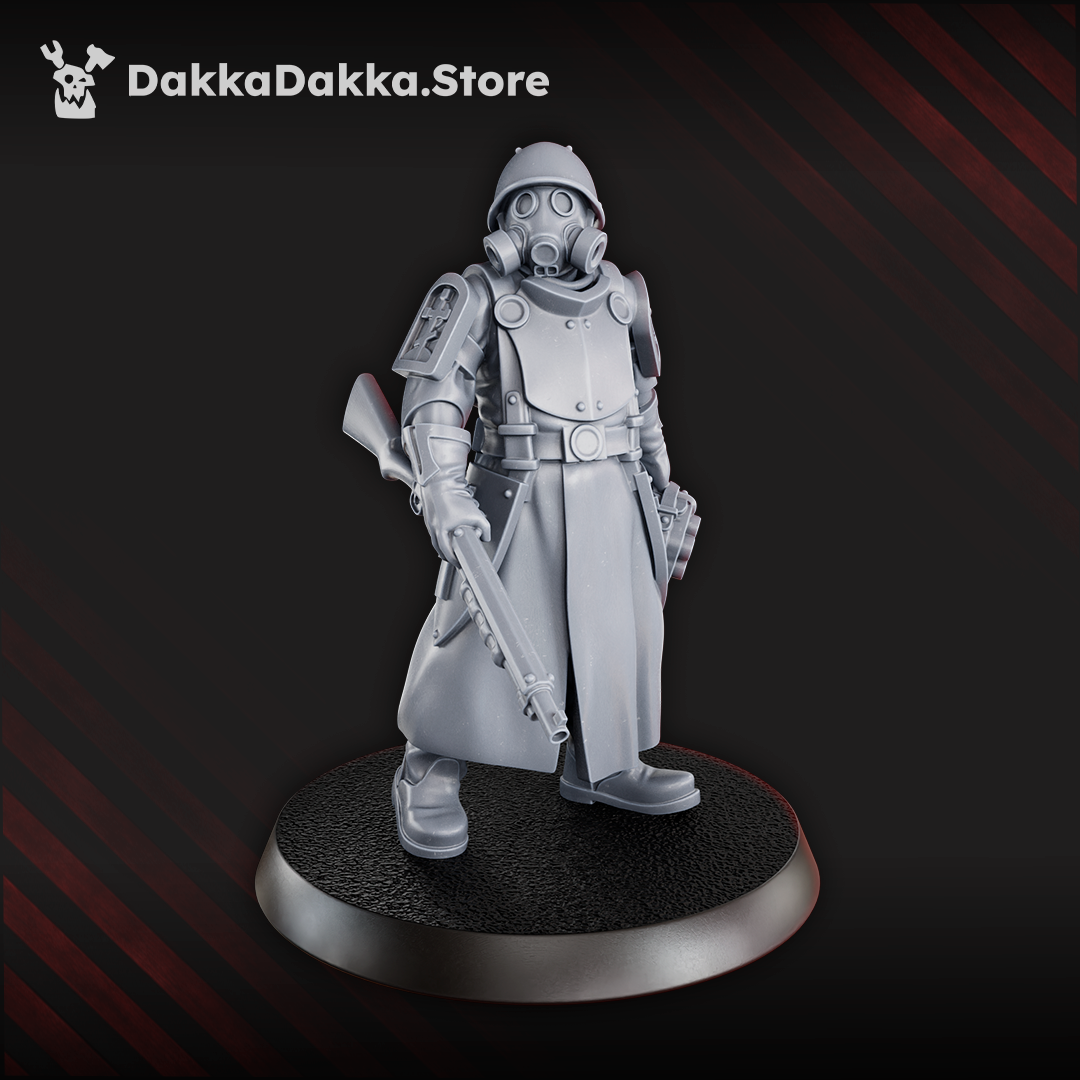 Two Steel Union engineer miniatures in trench armour and rebreathers, one with a wrench and shotgun, the other with a rifle and entrenching tool.