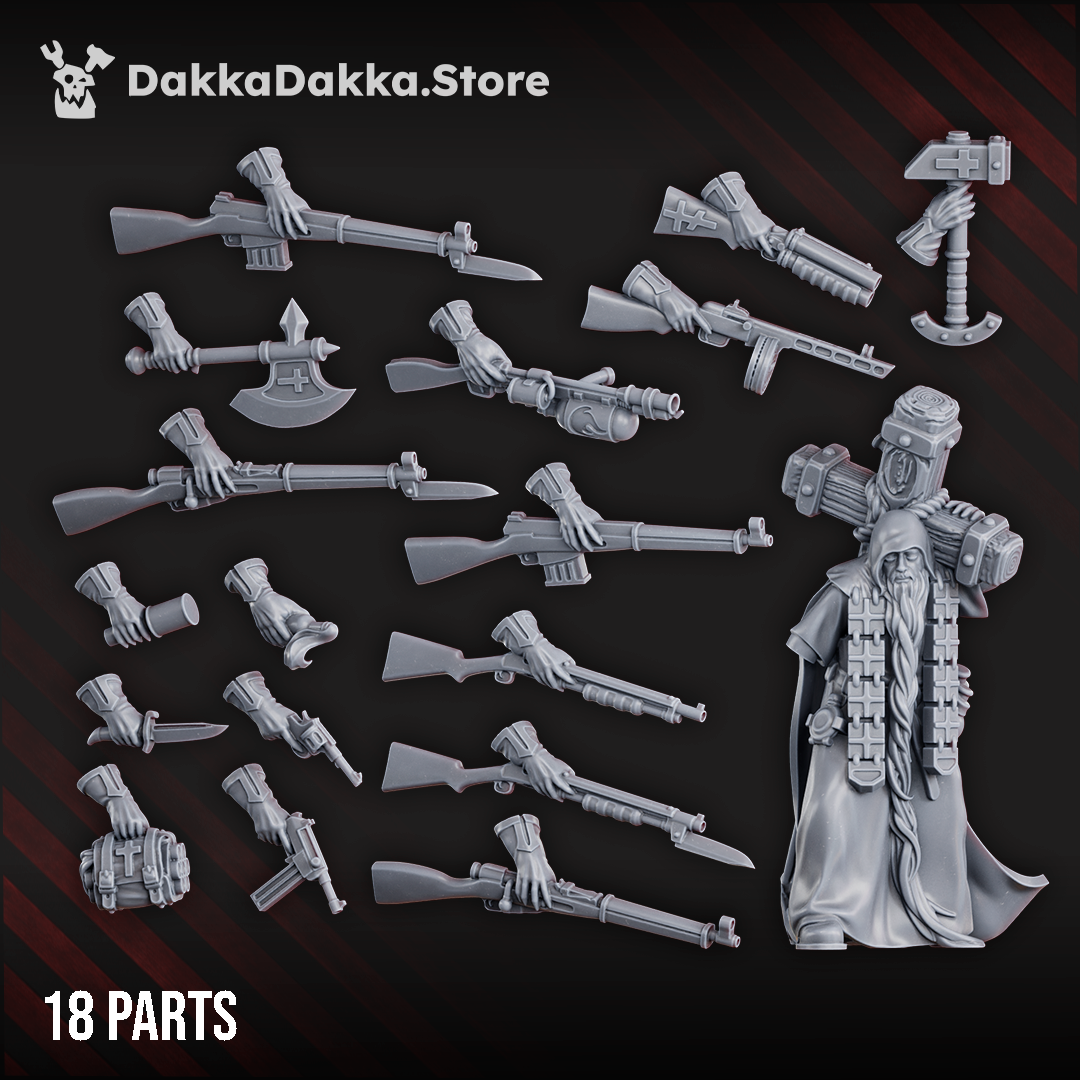 Schemonk Avvakum miniature, 33 mm tall, robed monk carrying a large cross on his back, armed with interchangeable rifles, pistols, and blades, standing on a round base.