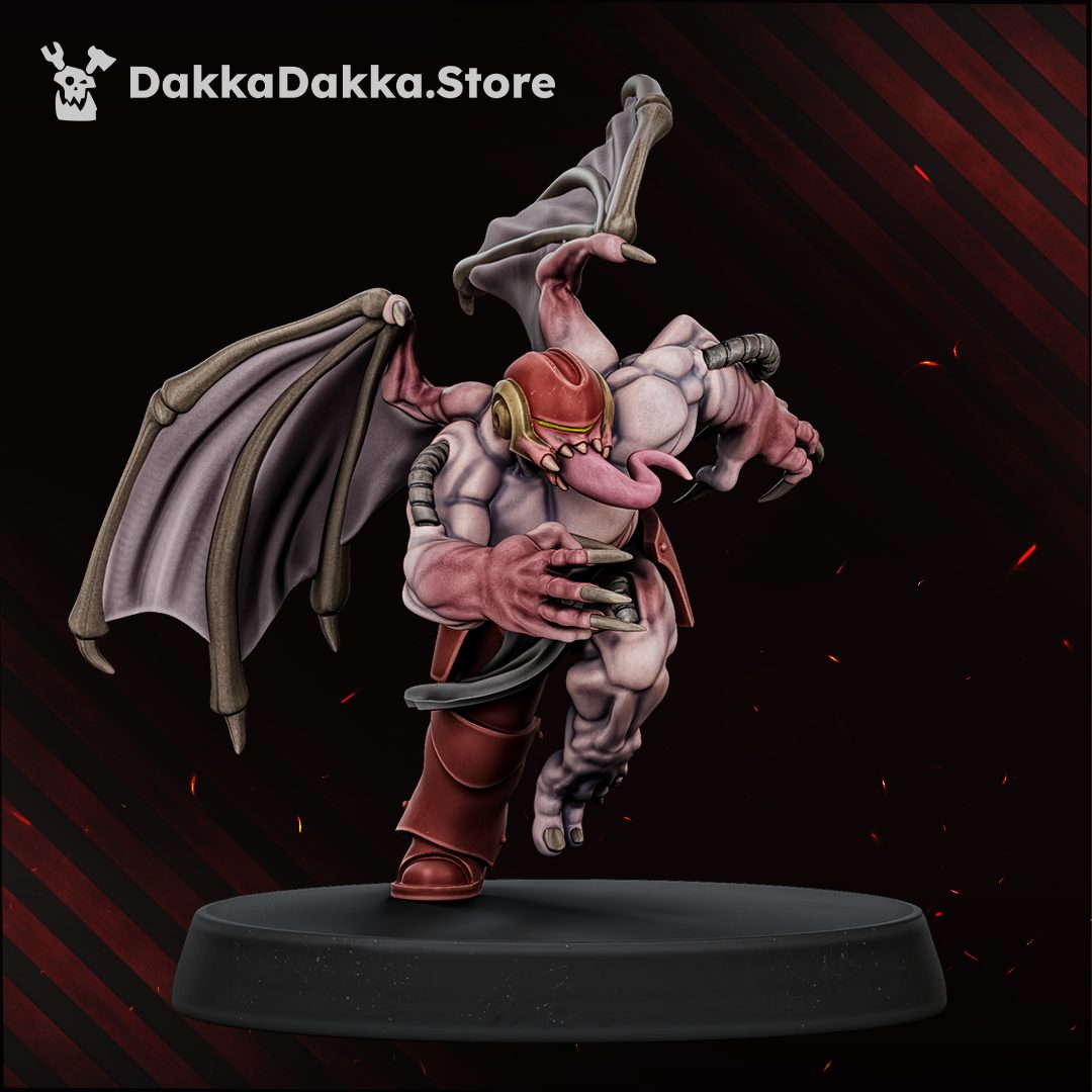 Single winged daemon figure in dynamic leaping pose, rear three-quarter view