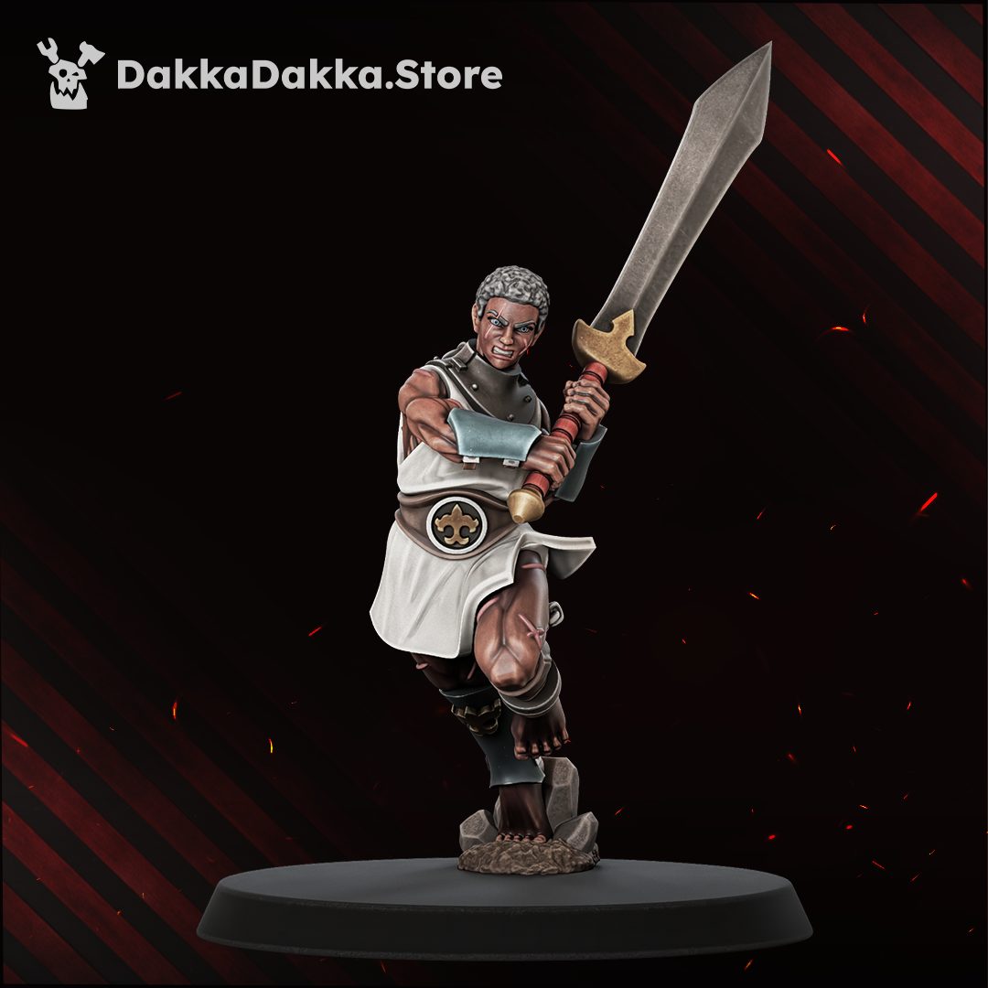 Female fighter miniature in running pose, short cropped hair, sword extended mid-charge, fleur-de-lis belt