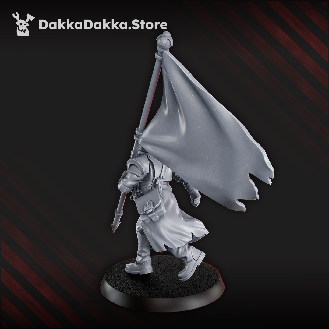 Steel Union standard bearer miniature holding a banner and wearing trench armour with weapon options including axe, rifle, and sidearm