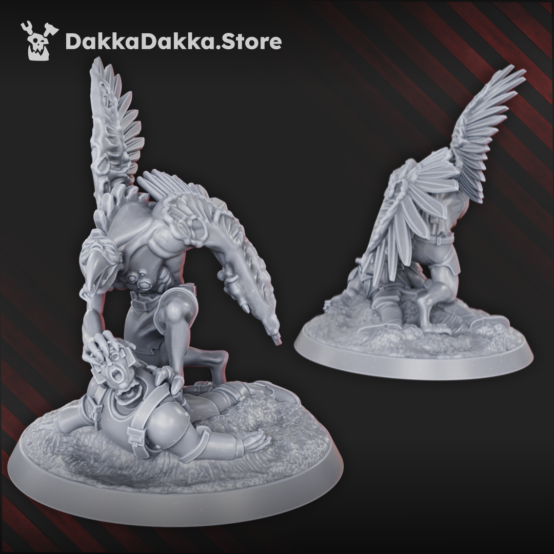 Daemon Birdfused Wings three bird-human mutation warrior resin miniatures with feathered wings, talons and scenic bases