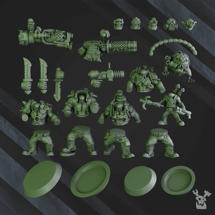 Blak Orks Mob Two sci-fi wargaming miniatures by DakkaDakka, 32mm scale, unassembled grey resin models with accessories and bases.