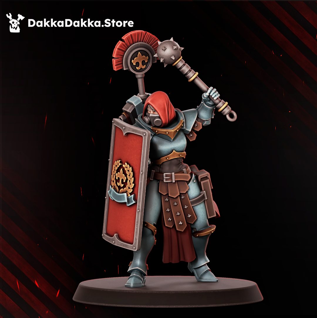 Masked warrior raising spiked mace overhead, large heraldic shield at side, three-quarter front view