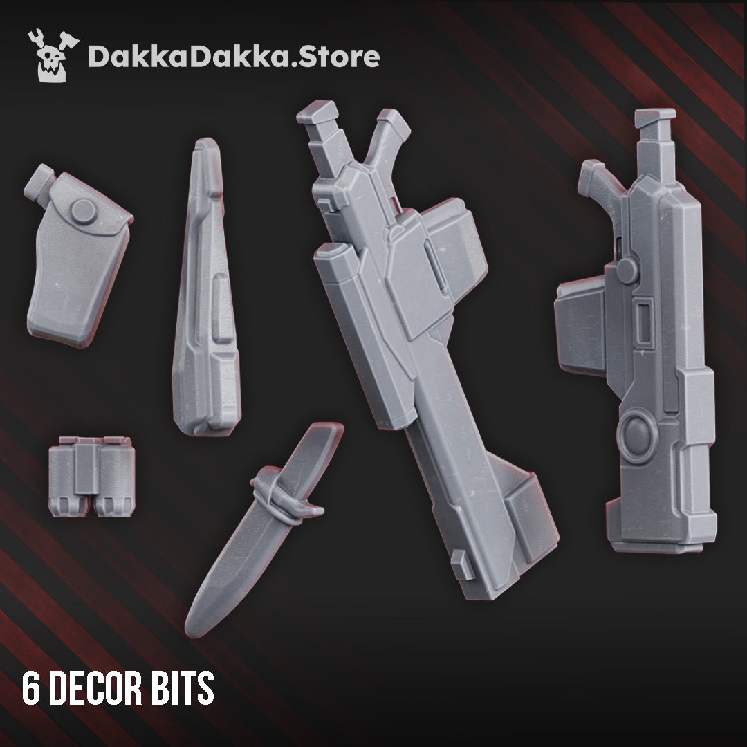 Sci-Fi Fire Squad Miniatures, 65 parts build kit with customizable sci-fi soldiers and advanced weaponry.