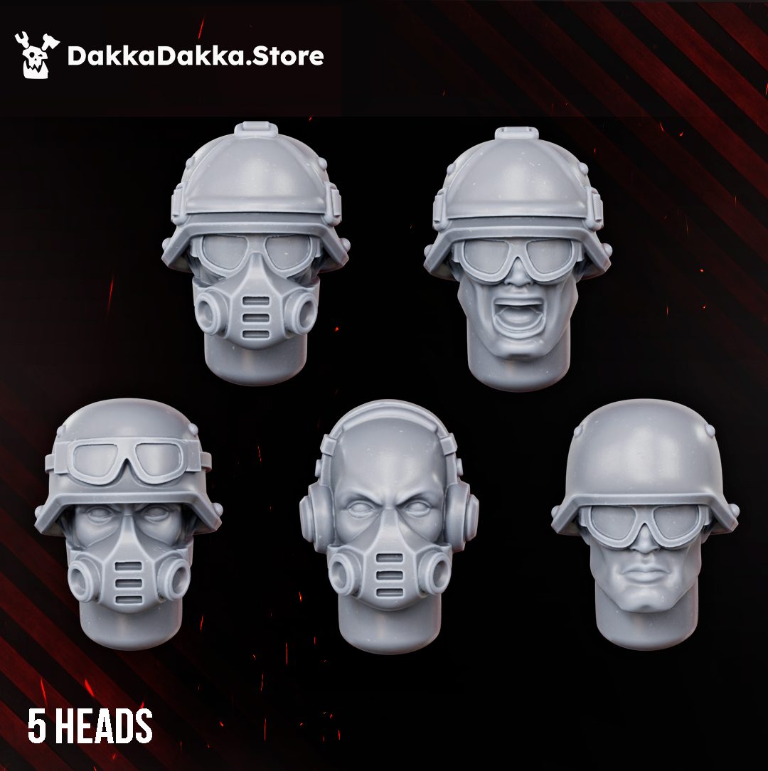Five head options including respirator masks, goggled helmets, and open-faced screaming trooper