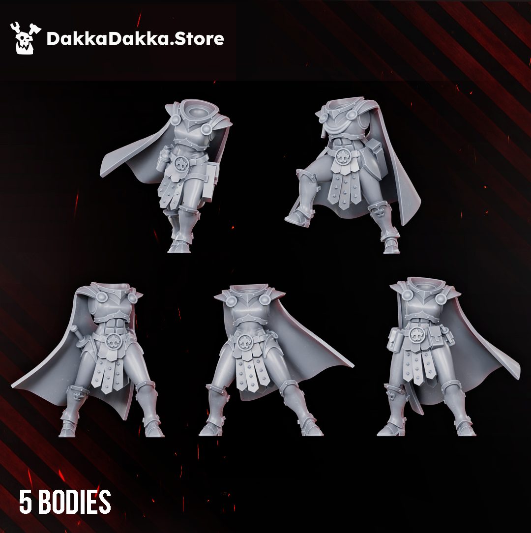 Five resin body variants for the Bellatrix Squad shown without heads or arms, displaying cape and armour pose differences