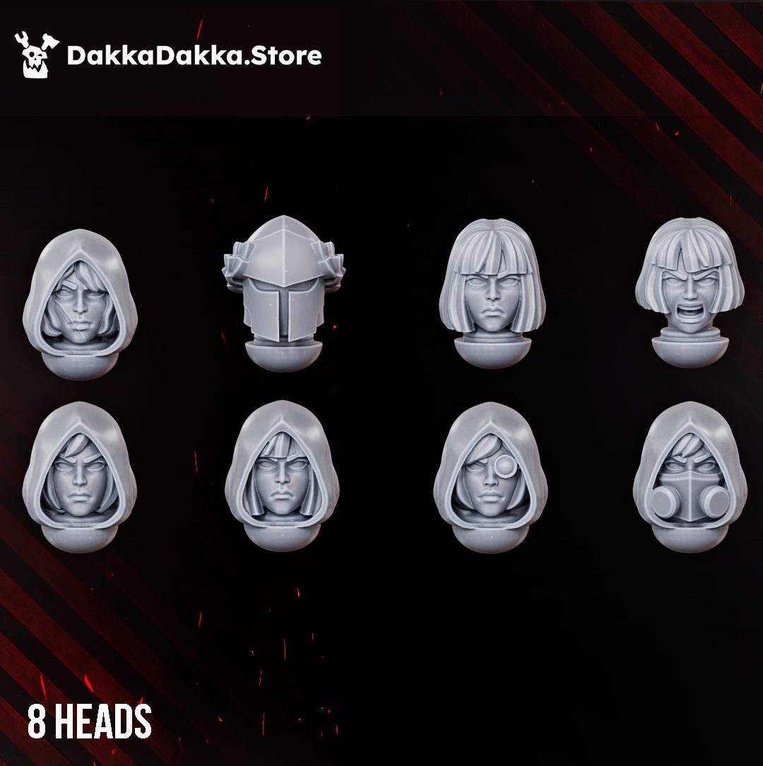 Eight head options including hooded faces, full-face helm, bare-faced and respirator variants laid out on dark background