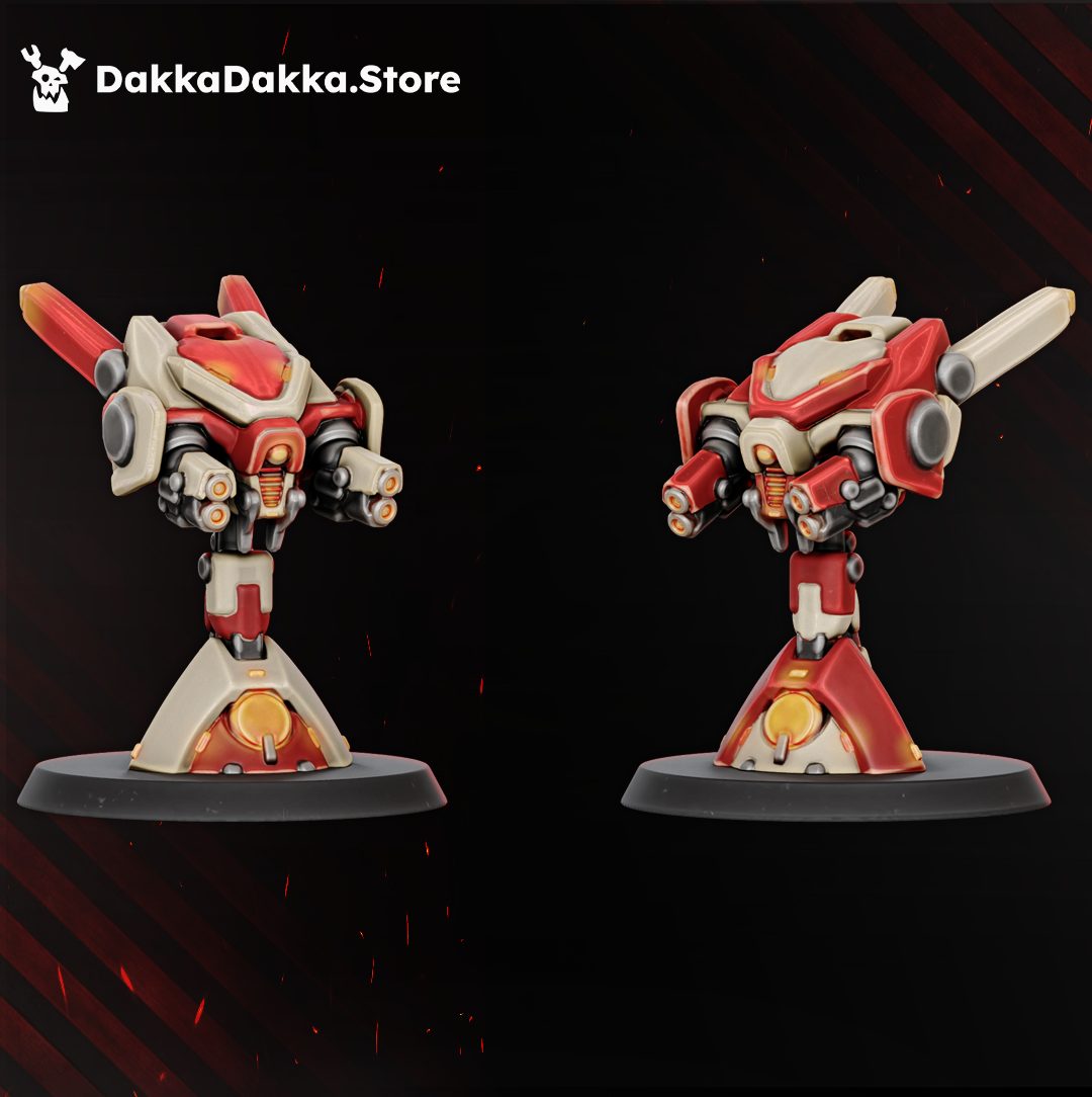 Front and rear views of drone turret companions on triangular mounting platforms, oval base