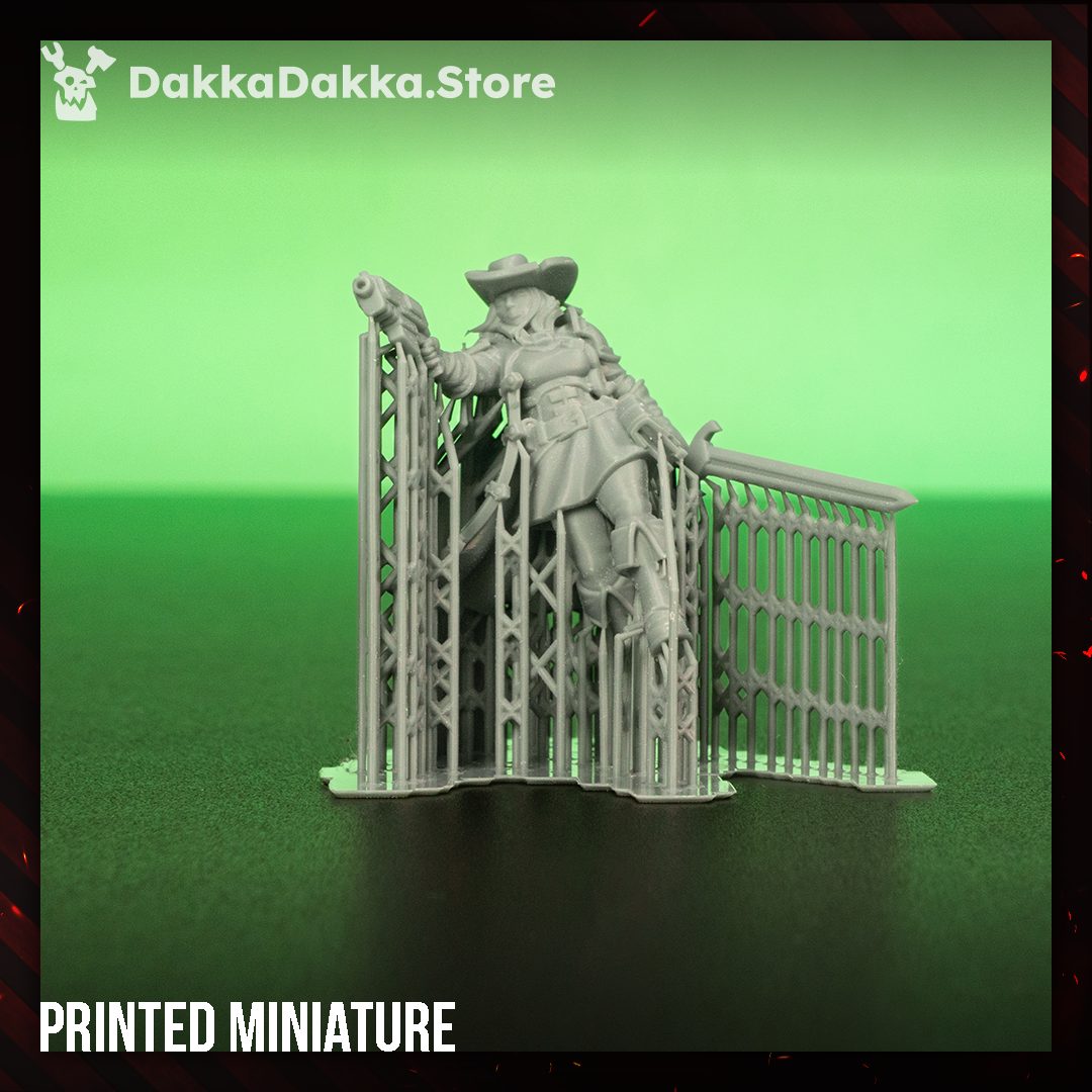 Unpainted grey resin miniature shown with support structure still attached, demonstrating pre-removal print condition