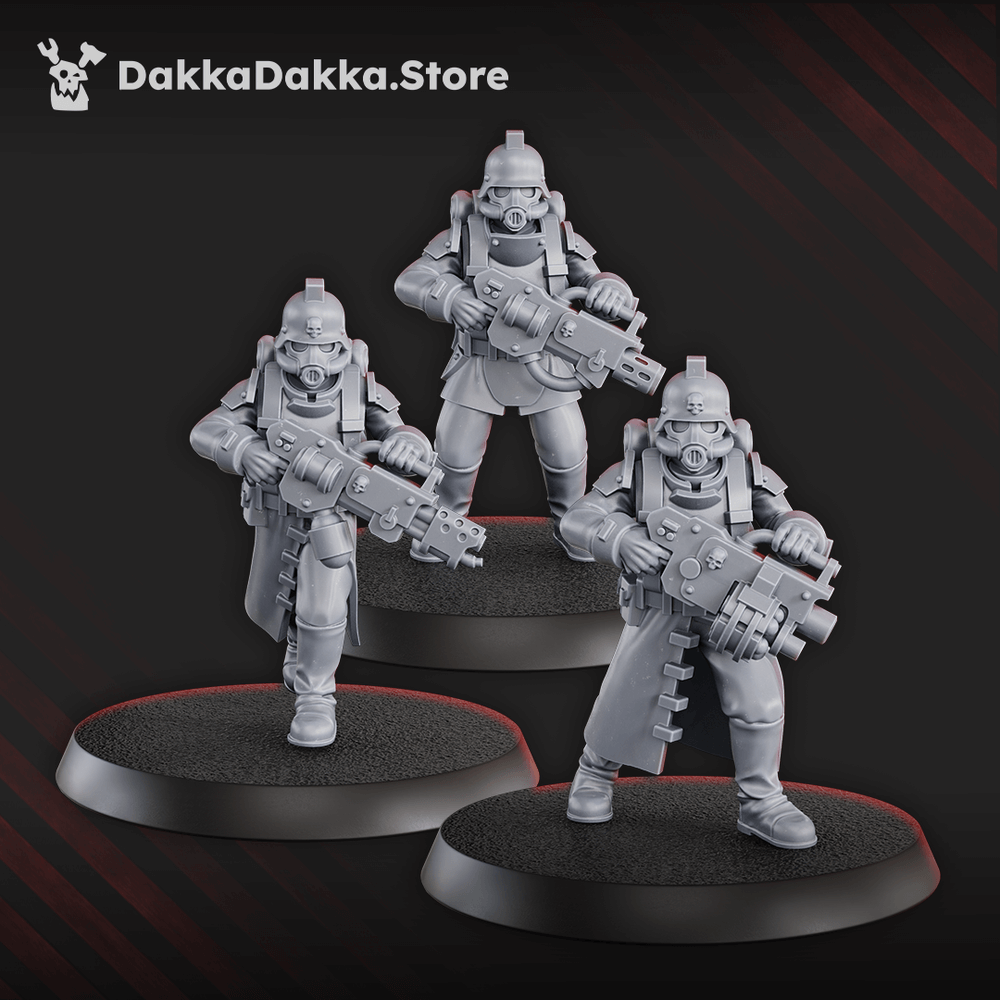 3 sci-fi wargaming miniatures from the 3rd Death Division Squad, designed by DakkaDakka.store, in grey resin.
