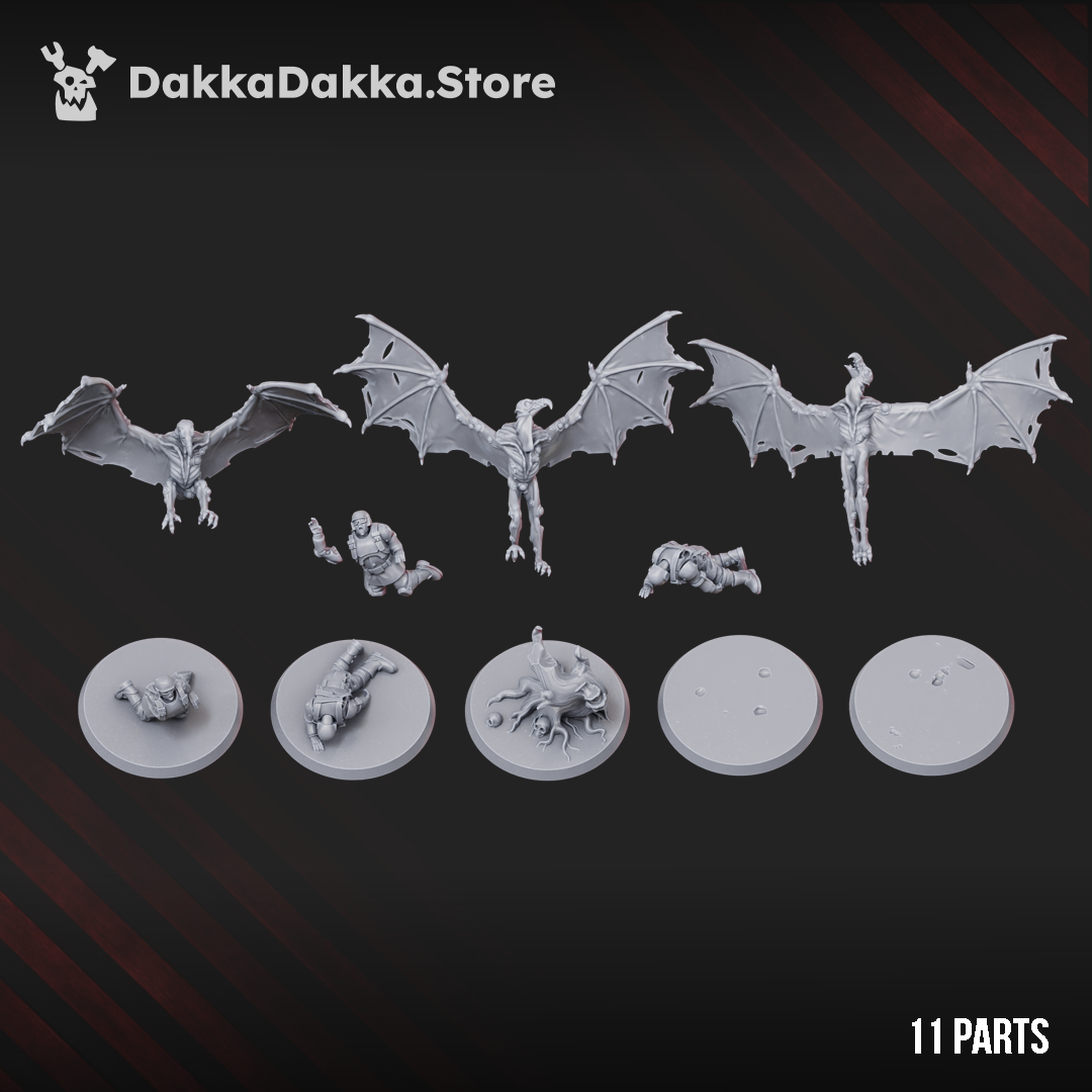 Diseased Sporehawks Squad resin miniatures, three winged daemon creatures with scenic bases