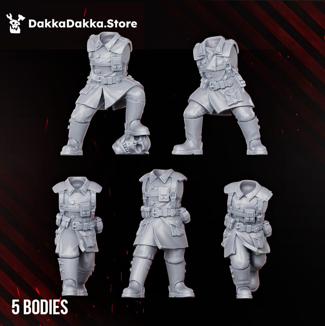 Five body variants in different poses showing fatigues, armour plates, belts and dynamic leg positions