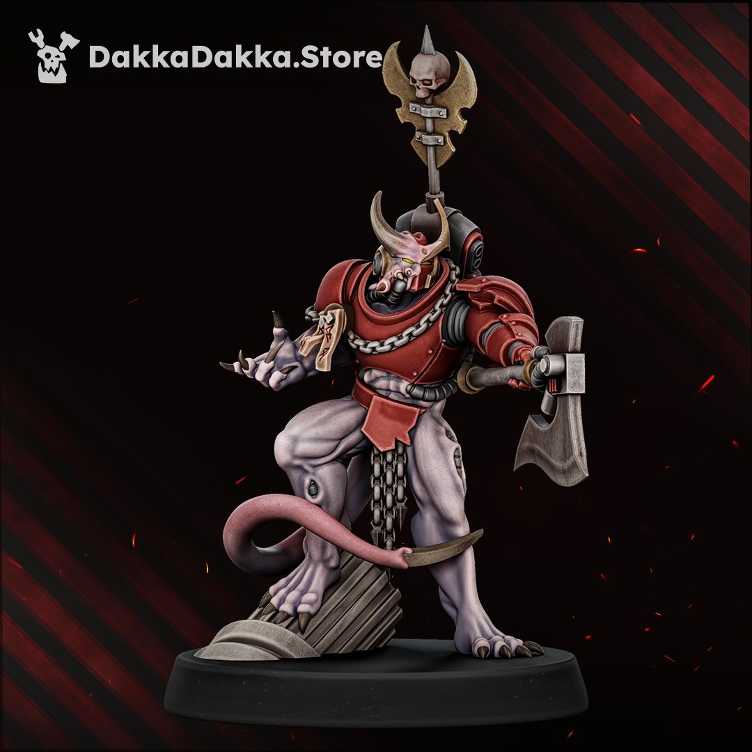 Champion figure holding skull standard and axe, full front view on plain base
