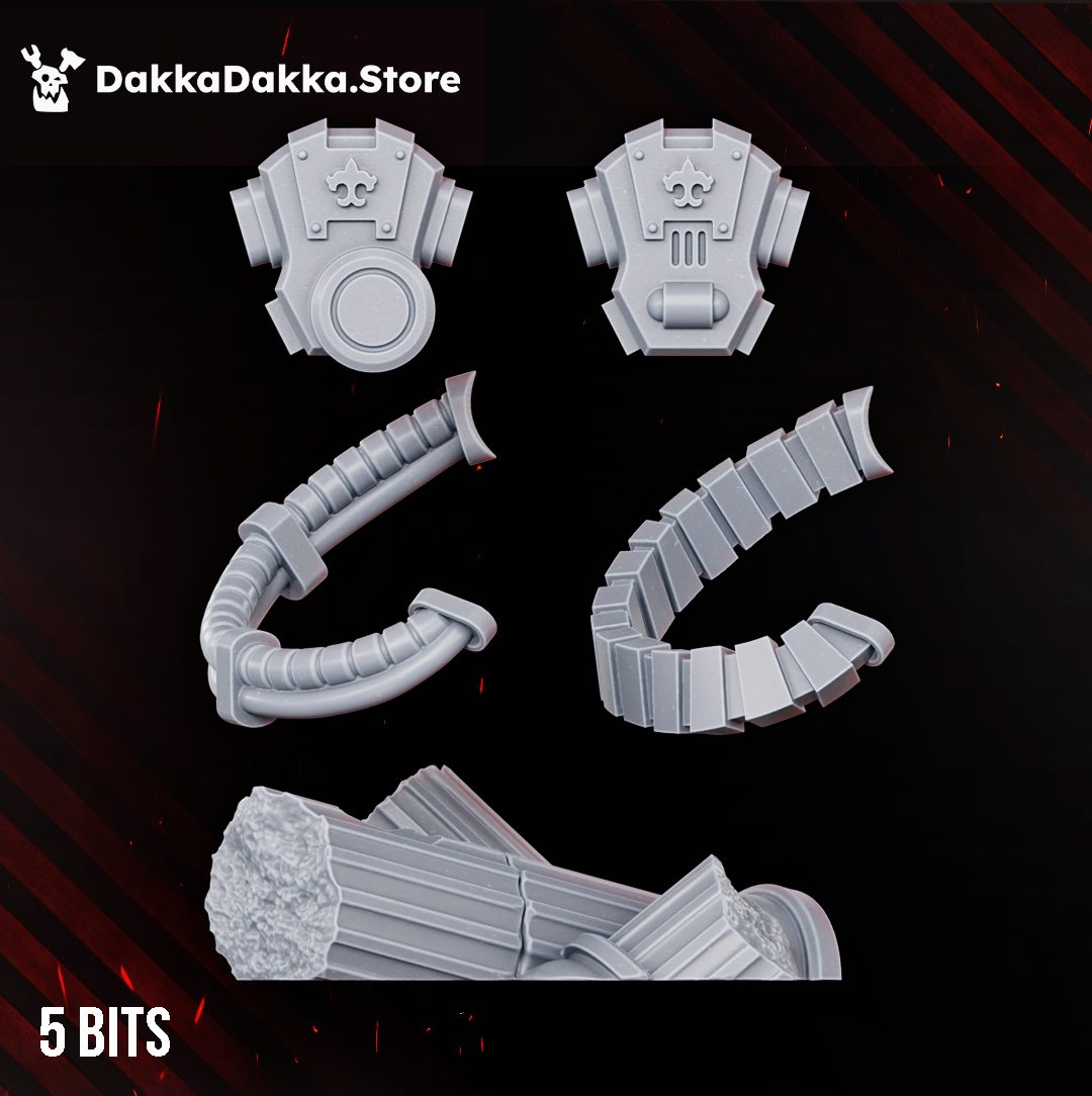 Close-up of five accessory bits including two backpacks, ammo feeds, and a ruined decorative column scenic piece