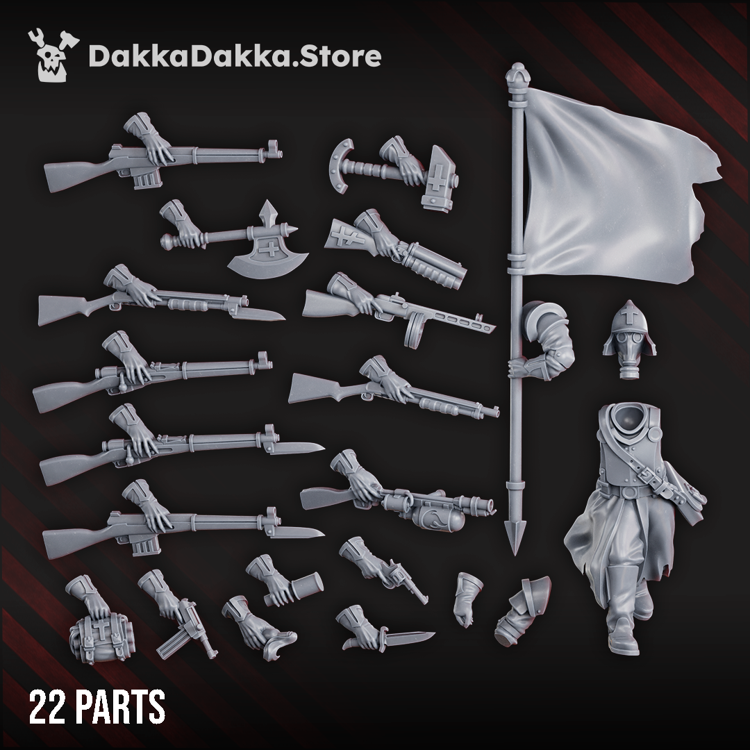 Steel Union standard bearer miniature holding a banner and wearing trench armour with weapon options including axe, rifle, and sidearm